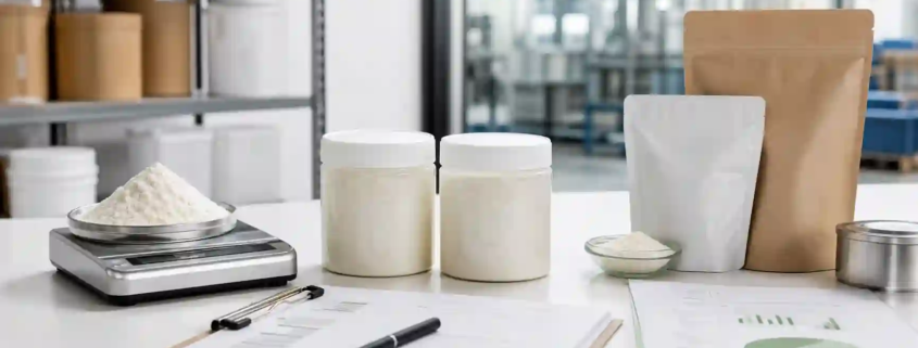 Bulk lumbrokinase powder samples and purchasing documents on a clean sourcing workspace