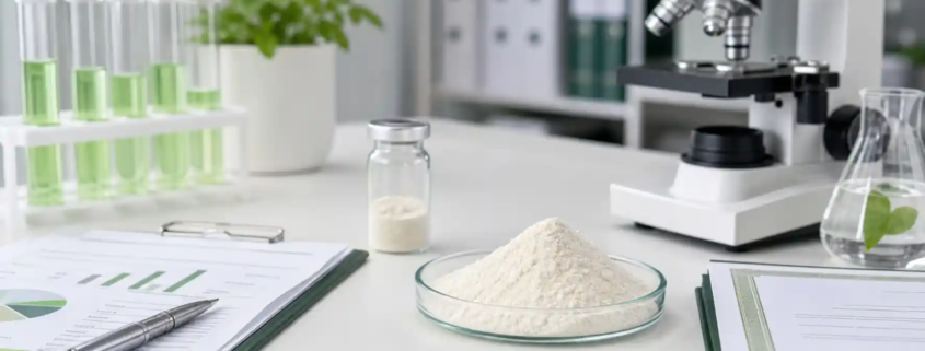 Lumbrokinase powder quality control lab setup with sample powder, documentation, and testing equipment