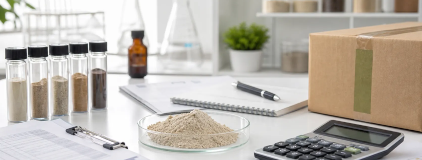 Earthworm peptide powder cost planning with sample vials, documents, calculator, and shipping carton in a laboratory workspace