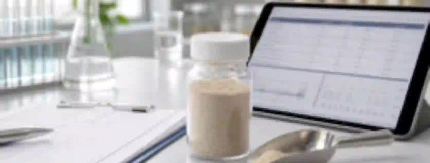 Earthworm peptide powder sample with specification sheet and lab quality data for B2B custom requirements