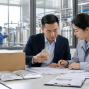 B2B buyer and factory quality manager reviewing earthworm peptide powder samples and documents
