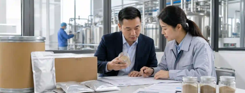 B2B buyer and factory quality manager reviewing earthworm peptide powder samples and documents
