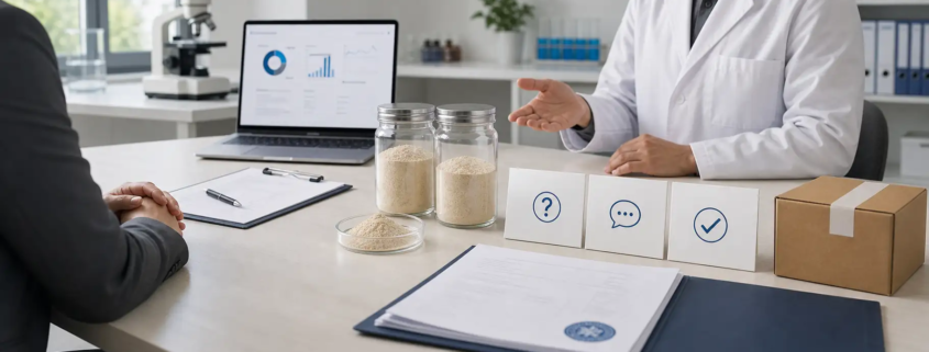 Earthworm peptide powder samples and quality documents during a B2B ingredient consultation in a clean lab office