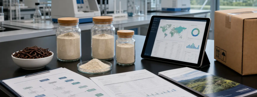 Earthworm peptide powder samples, quality documents, export carton, and sourcing dashboard in a modern laboratory workspace