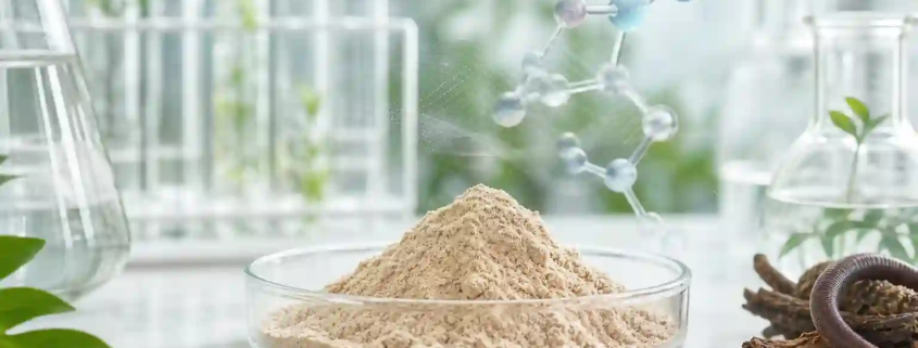 Earthworm peptide powder ingredient sample in a clean laboratory setting