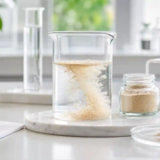 Earthworm peptide powder dispersing in water inside a laboratory beaker for solubility testing