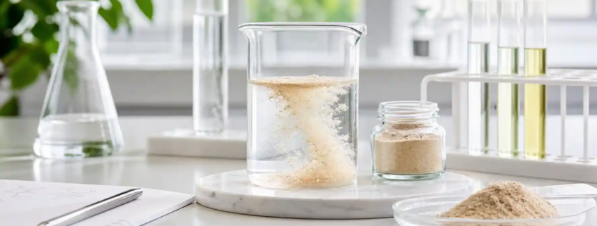 Earthworm peptide powder dispersing in water inside a laboratory beaker for solubility testing