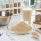 Earthworm protein powder for functional food formulation with sample jars, mixing bowl, and nutrition development workspace