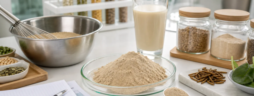 Earthworm protein powder for functional food formulation with sample jars, mixing bowl, and nutrition development workspace