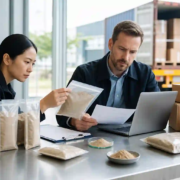 Ingredient buyer checking earthworm protein powder samples, packaging, and import documents