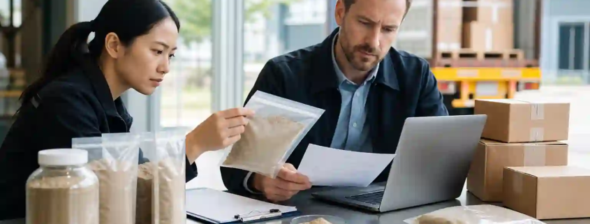 Ingredient buyer checking earthworm protein powder samples, packaging, and import documents