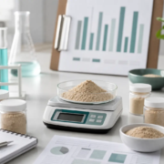 Earthworm protein per 100g formulation testing Earthworm protein powder sample on formulation bench with scale and quality testing charts