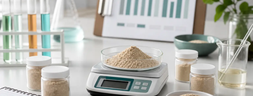 Earthworm protein powder sample on formulation bench with scale and quality testing charts
