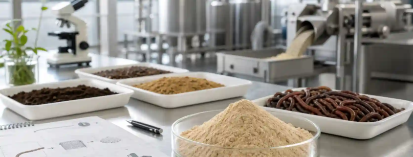 Earthworm protein powder production samples and processing equipment in a clean ingredient lab