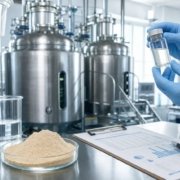AI-generated laboratory image showing lumbrokinase powder production, filtration equipment, sample vial, and quality-control records