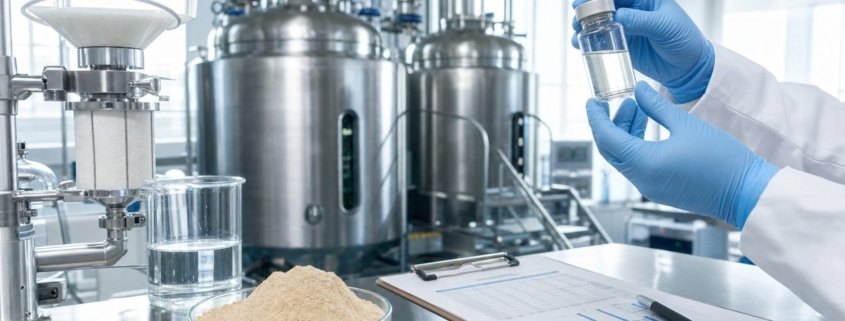 AI-generated laboratory image showing lumbrokinase powder production, filtration equipment, sample vial, and quality-control records