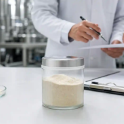 Lumbrokinase powder sample and manufacturing documents in a clean ingredient lab