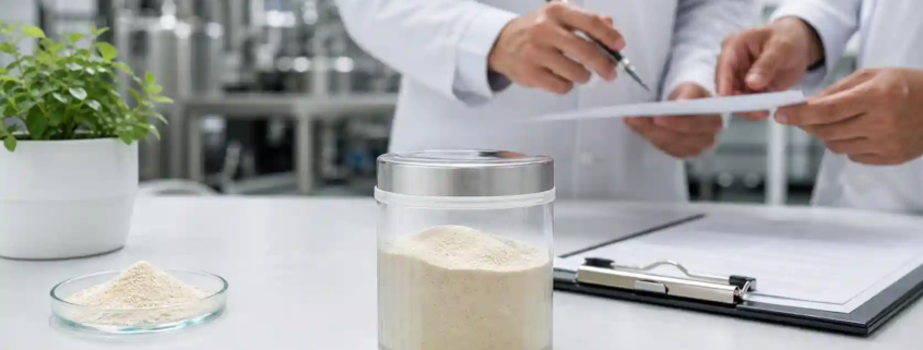 Lumbrokinase powder sample and manufacturing documents in a clean ingredient lab