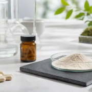 Lumbrokinase powder and capsule formulation materials in a clean nutraceutical workspace
