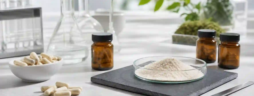 Lumbrokinase powder and capsule formulation materials in a clean nutraceutical workspace