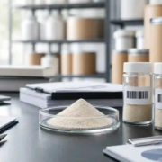 Lumbrokinase powder samples with quality documents and packaging for B2B supply chain review