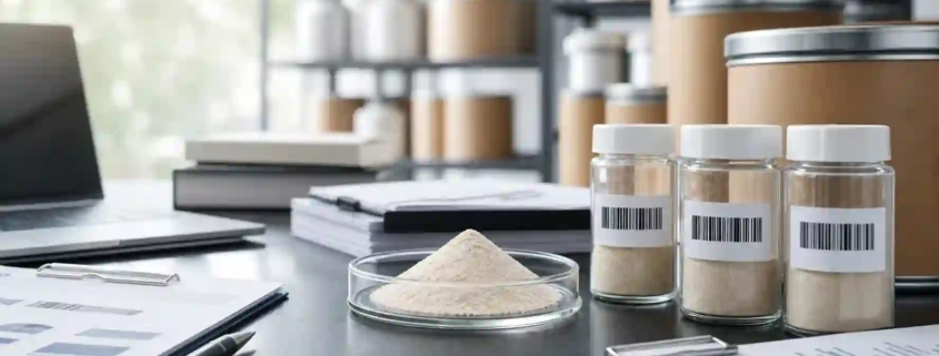 Lumbrokinase powder samples with quality documents and packaging for B2B supply chain review