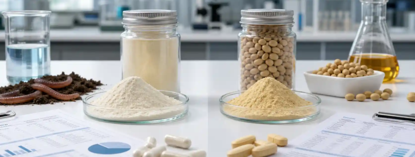 Lumbrokinase and nattokinase powder samples with specification sheets for B2B supplement ingredient comparison