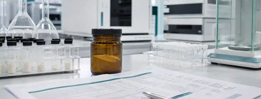 Third-party testing documents and lumbrokinase powder sample in a quality control laboratory