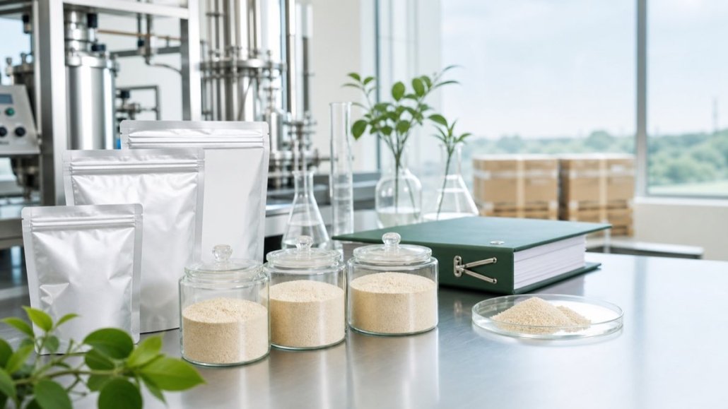 Bulk earthworm-derived ingredient powder samples with export packaging for B2B supplement buyers