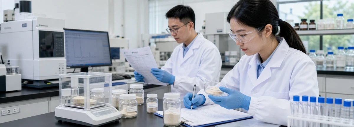 Chinese laboratory technicians testing earthworm-derived powder ingredient samples and reviewing COA quality documents