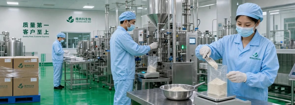 Chinese factory workers in clean workshop operating powder production and packing equipment for earthworm-derived ingredient supply