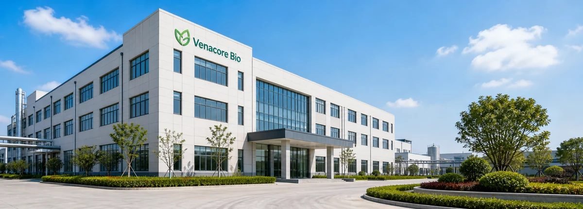 Venacore Bio factory building exterior with logo signage for earthworm-derived ingredient manufacturer homepage banner