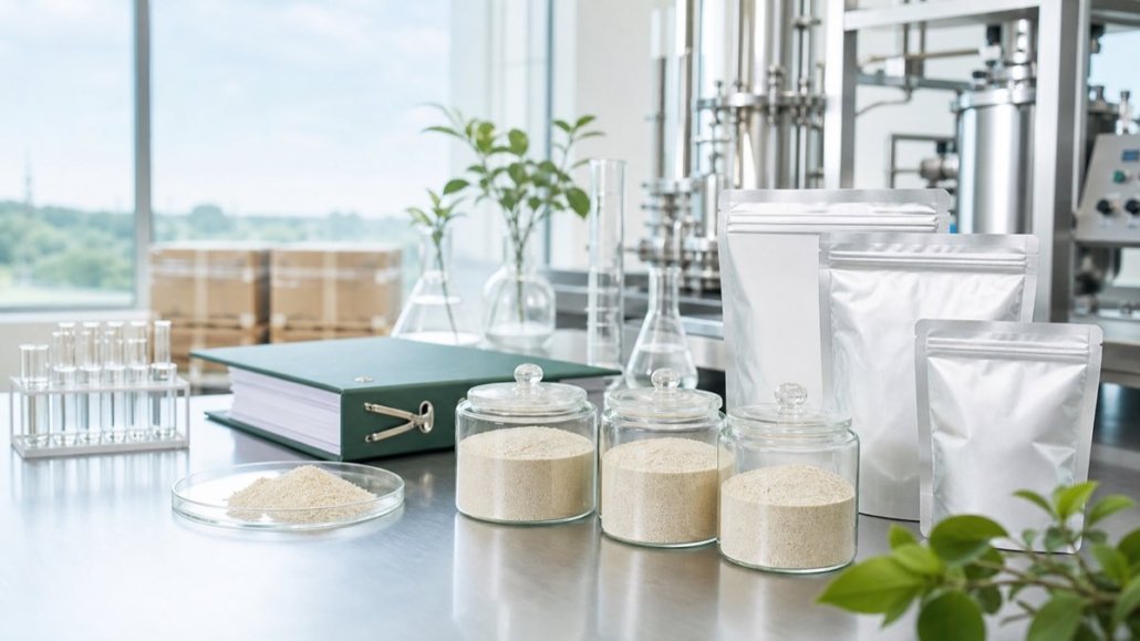 Bulk lumbrokinase powder and earthworm-derived nutraceutical ingredient samples in a clean lab and packaging environment