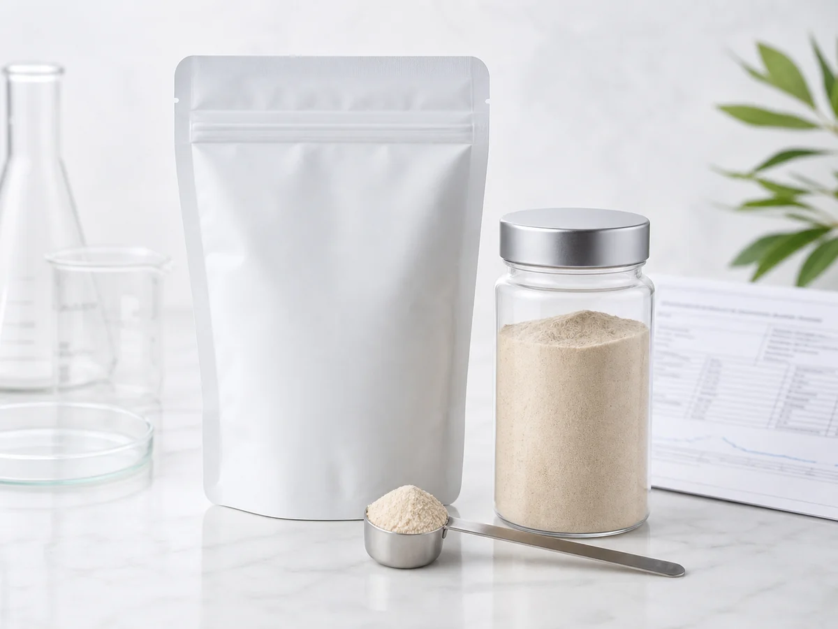 Lumbrokinase Powder B2B Product Image Bulk lumbrokinase powder in pouch and sample jar for B2B nutraceutical ingredient sourcing