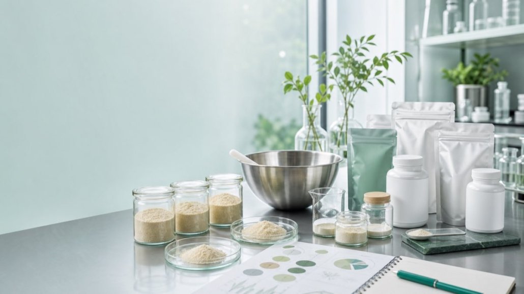 Nutraceutical formulation workspace with earthworm-derived ingredient powder samples for supplement product development