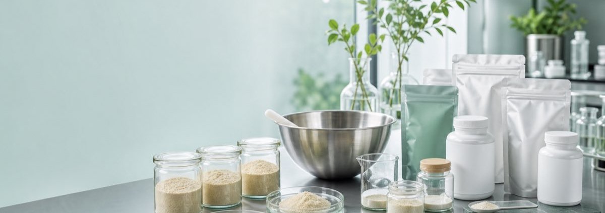 Nutraceutical formulation workspace with earthworm-derived ingredient powder samples for supplement product development