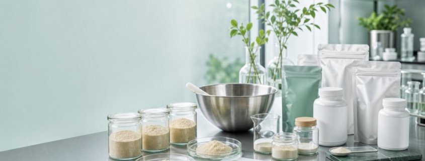Nutraceutical formulation workspace with earthworm-derived ingredient powder samples for supplement product development