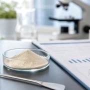 AI-generated laboratory image of lumbrokinase powder sample, quality-control chart, and microscope for nutraceutical ingredient sourcing