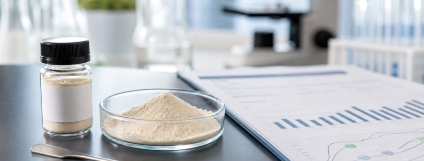 AI-generated laboratory image of lumbrokinase powder sample, quality-control chart, and microscope for nutraceutical ingredient sourcing