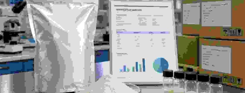 Wholesale lumbrokinase powder supplier scene with bulk pouch, COA document, sample vials, and shipping cartons