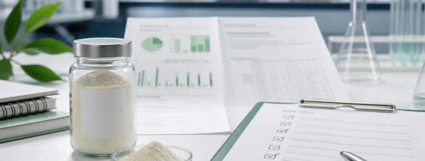 Lumbrokinase powder supplier evaluation with sample jar, COA documents, and sourcing checklist