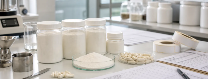 Custom lumbrokinase formulation samples, capsules, and specification sheets in a quality control lab