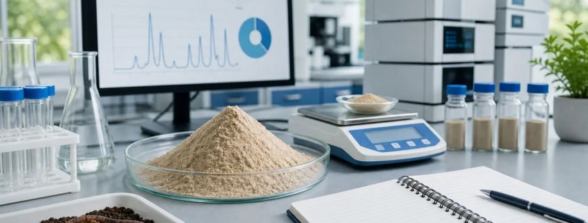 Earthworm protein powder samples and amino acid profile testing in a formulation lab