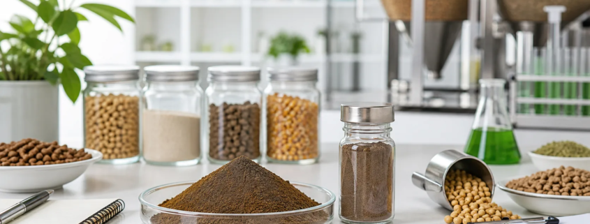 B2B feed formulation desk showing earthworm protein powder, feed samples, and quality documents.