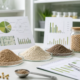 Earthworm protein powder samples and nutrition composition documents on a clean formulation bench