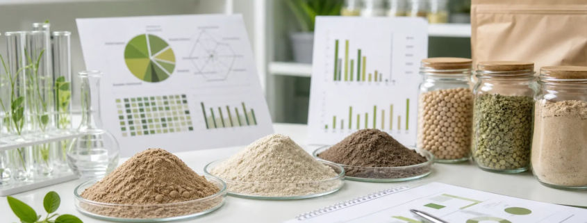 Earthworm protein powder samples and nutrition composition documents on a clean formulation bench