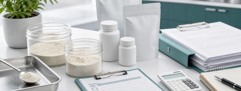 Lumbrokinase dosage claim review documents, lab scale, capsules, and quality checklist on a clean laboratory desk
