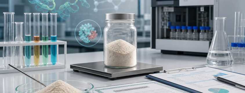 Lumbrokinase powder enzyme activity testing setup with laboratory instruments and quality documents