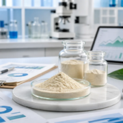 Lumbrokinase industry trends featured image B2B lumbrokinase ingredient trend and quality review scene with powder samples and documents.