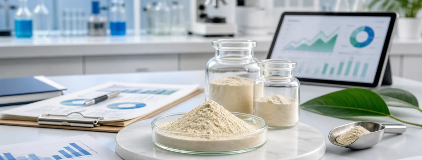 B2B lumbrokinase ingredient trend and quality review scene with powder samples and documents.